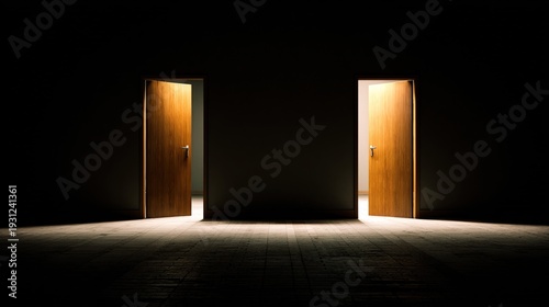 identical. Two identical wooden doors side by side, one brightly illuminated from within. travel magazines, destination branding, designed for travel destination branding, drives exploration.