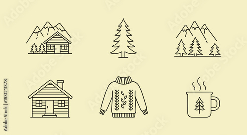 Hand drawn winter cabin icon set.