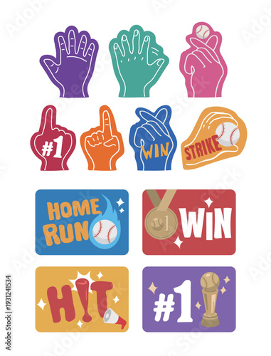 Baseball Fan Celebration Icon Set - Hand Gestures, Slogans and Victory Symbols for Sports Events