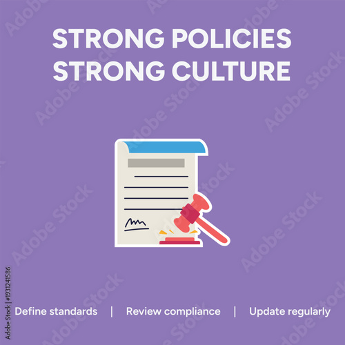 Simple vector graphic illustration demonstrating the vital connection between establishing strong corporate policies and fostering a positive organizational culture using legal icons.