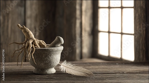 mandrake. Stone mortar with mandrake roots and petals on a wooden table. event programs, museum guides, designed for cultural heritage projects and event programs, elevates cultural identity.