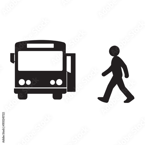 Black silhouette of bus and pedestrian walking white