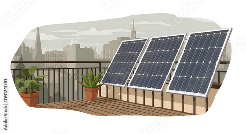 Solar panels on a balcony with plants and cityscape