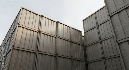 Stacked shipping containers against a gray sky