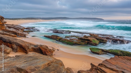 bedrock. Ocean waves crashing against coastal bedrock, eroding stone into sand in a powerful seascape. ESG reports, sustainability campaigns, designed for environmental awareness campaigns.