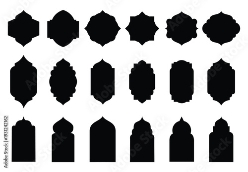Islamic frames. Ramadan frames, mosque arches, decorative arches, Moroccan gates, black silhouette illustration. Golden Islamic window shapes in oriental style. Islamic vector window or door