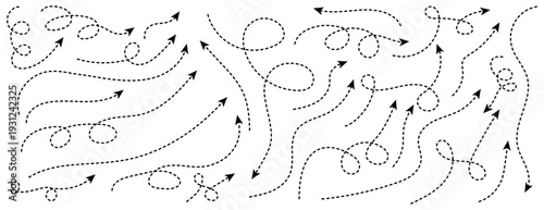 Set of double squiggle line dashed arrows. Dash curved vector editable stroke arrows