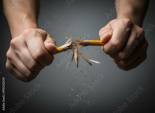 Frustrated Person Snaps A Yellow Pencil In Half With Strong Hands Against A Dark Gradient Background With Wood Shavings Flying