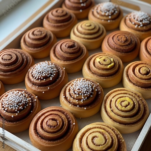 Assorted sweet pastries on tray.