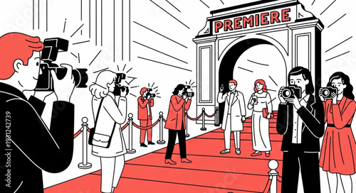 Celebrities walk the red carpet at a movie premiere event.