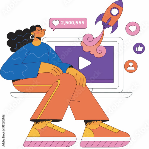 Young woman watching engaging online video content on a laptop with social media notifications and a rocket symbolizing growth and success