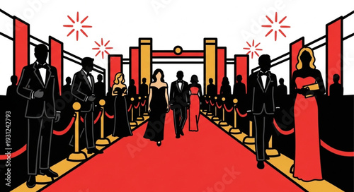 Celebrities walking on red carpet event with spotlights and security.