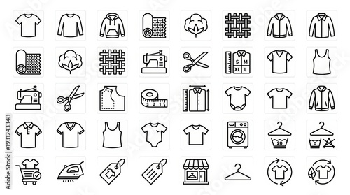 Set of clothing, textile, and tailoring line icons featuring garment care, sewing tools, fabric manufacturing, and fashion retail symbols for industry design.