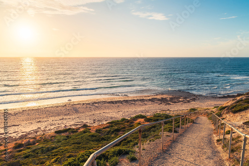 Scenic sunset pathway to the beach at Blanche Point Cove, Fleurieu Peninsula, South Australia
