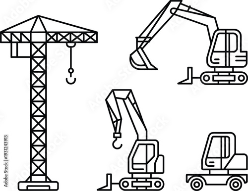 Four black and white construction machines including a crane, excavator, backhoe loader, and forklift