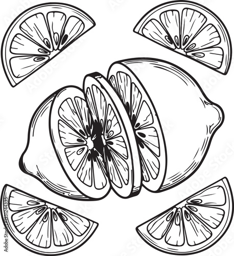 Sliced Lemon Fruit and Wedges Outline Vector Illustration Citrus Detail Food Ingredient