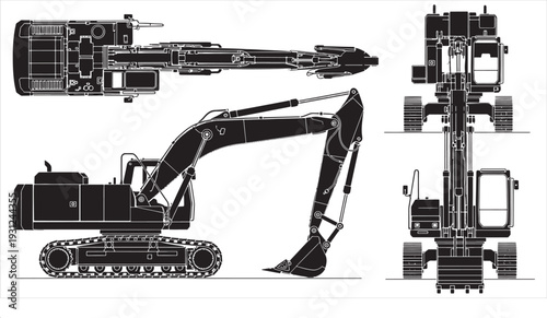 Excavator Blueprint – Construction Machinery CAD Technical Drawing