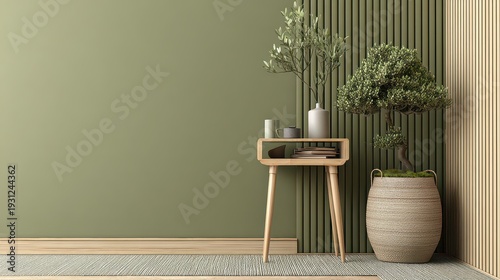 Minimalist Interior Design with Olive Green Wall Decorative Wooden Slats Woven Planter Small Wooden Table Clear Vase Smooth Stone and Neutral Rug