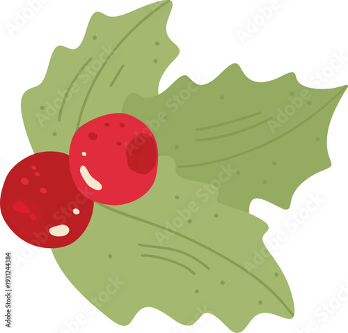 Christmas Holly Leaf with Red Berries Flat Illustration