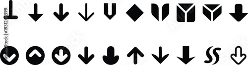 Collection of black and white directional arrows and symbols in various shapes and orientations