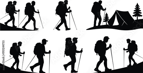 Silhouettes of hikers with backpacks and trekking poles on a mountain trail and camping near a tent and tree