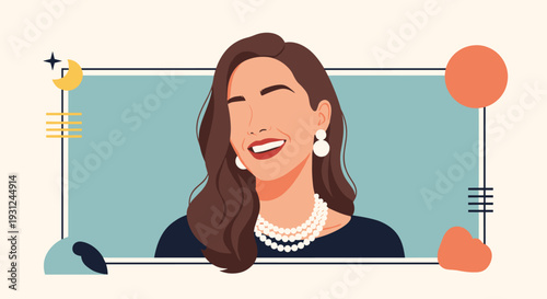 Sophisticated portrait of a smiling woman with long brown hair, wearing a triple-strand pearl necklace and earrings against a teal frame.