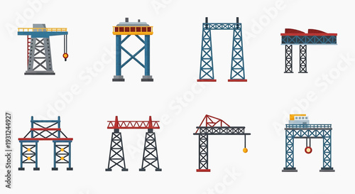 Set of flat vector illustrations showcasing industrial infrastructure elements cranes, gantry systems, and towering structures for construction and heavy industry