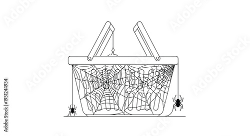 Black and white line art of a grocery shopping basket covered in thick spider webs with several spiders hanging from it for a Halloween theme.