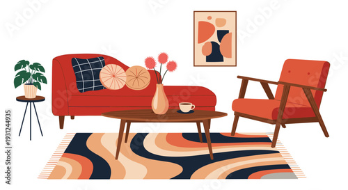 Stylish retro living room interior featuring a red chaise lounge, matching armchair, wooden coffee table, and a colorful abstract patterned rug.