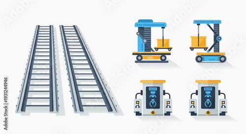 Integrated industrial automation Modern railway tracks, robotic lifting systems, and autonomous vehicles for smart logistics and advanced factory processes
