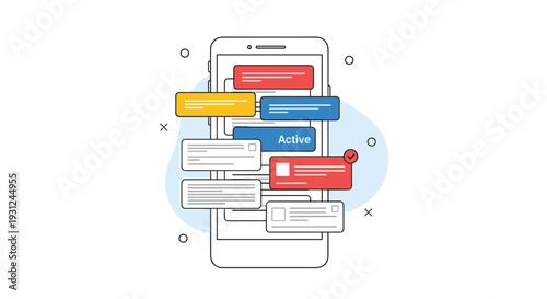 Modern smartphone illustration with multiple colorful notification alert bubbles popping up on the screen, representing various mobile app updates.