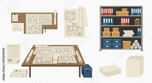 Architectural drawings and blueprints laid out on a table, with a shelf of files and supplies, representing construction planning and office organization