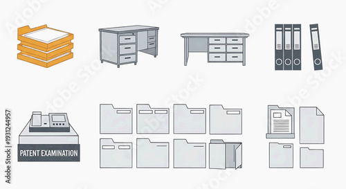 Comprehensive vector illustration set showcasing essential office administration tools, document management systems, and professional workplace elements for digital design projects