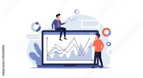 Business professionals analyzing financial data on a large laptop screen showing various growth charts and statistical graphs in an office setting.