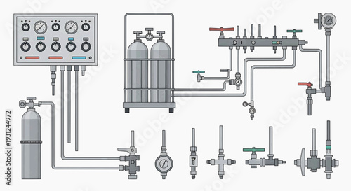 Industrial gas supply system with cylinders, valves, and pressure gauges, technical illustration