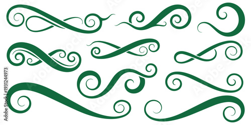 Green neon scroll ribbons and flourish swirls on black background backdrop eps 10