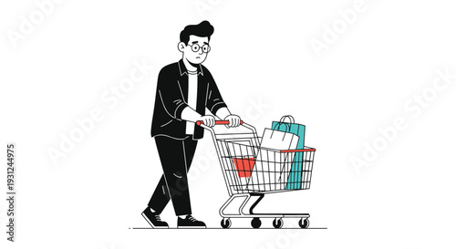 Focused man in a black jacket pushing a metal shopping cart filled with several colorful paper bags, looking forward while walking in a store.