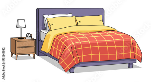 Cozy bedroom illustration with a large bed featuring a red plaid blanket, yellow pillows, and a wooden nightstand with a lamp and alarm clock.