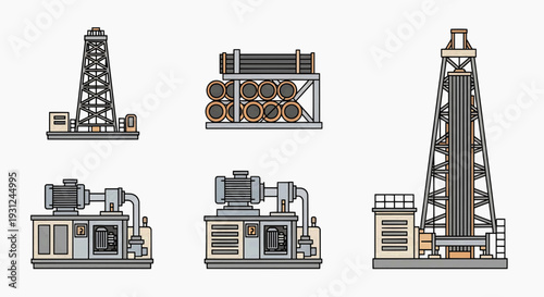 Vector set of oil and gas industry equipment including drilling rigs, storage tanks, and industrial pump units