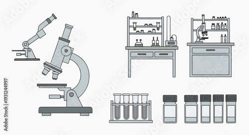 Scientific laboratory equipment illustration featuring microscopes, test tubes, and lab benches for research and experimentation