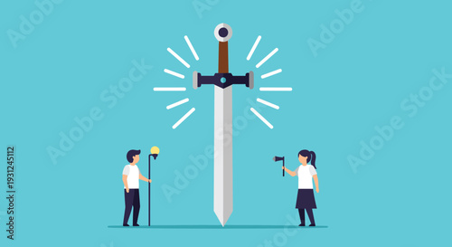 Brave adventurers stand beside a massive legendary sword that glows with mystical light in this colorful flat illustration.