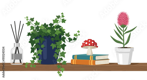 Decorative shelf displays a fragrance diffuser along with indoor plants and a small mushroom sitting on a stack of books.