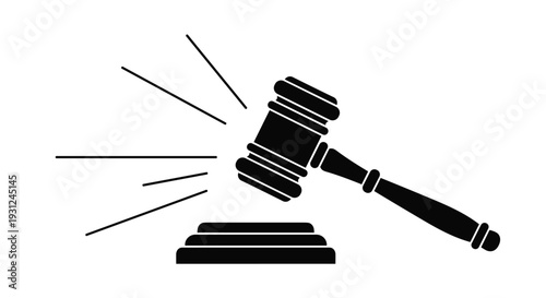 Black silhouette of a judge gavel striking a sound block symbolizes law and justice on a plain and clean white background.