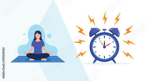 Focused woman practices meditation in a lotus pose to manage stress while a loud alarm clock rings beside her.