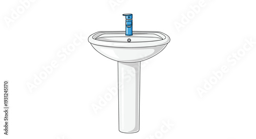 Clean white porcelain pedestal sink with a modern blue faucet is shown in a simple and high quality vector art illustration.