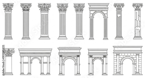 Collection of Architectural Columns and Arches in Sketch Style.