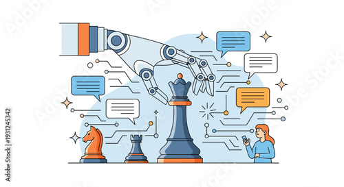 Robotic arm plays a strategic game of chess against a human opponent with digital connectivity lines shown in the background.