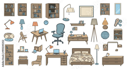 Diverse collection of furniture and home decor items including chairs and desks and beds and lamps is shown in one set.