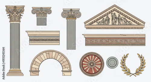 Collection of Ancient Greek Architectural Elements and Ornaments.