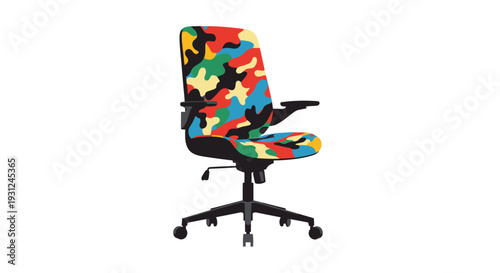 Modern office chair with a vibrant and multi colored camouflage pattern stands on a plain white background for better style.